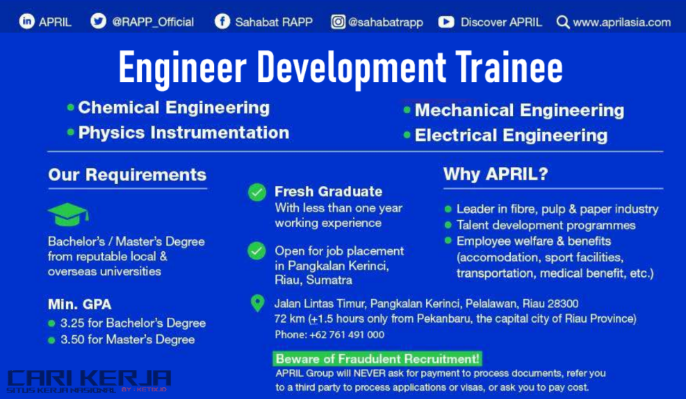 APRIL Group membuka lowongan untuk posisi Engineer Development Trainee. Kesempatan emas bagi lulusan Teknik yang ingin berkarier di industri pulp dan kertas berkelas dunia. Lokasi: Pangkalan Kerinci, Riau.